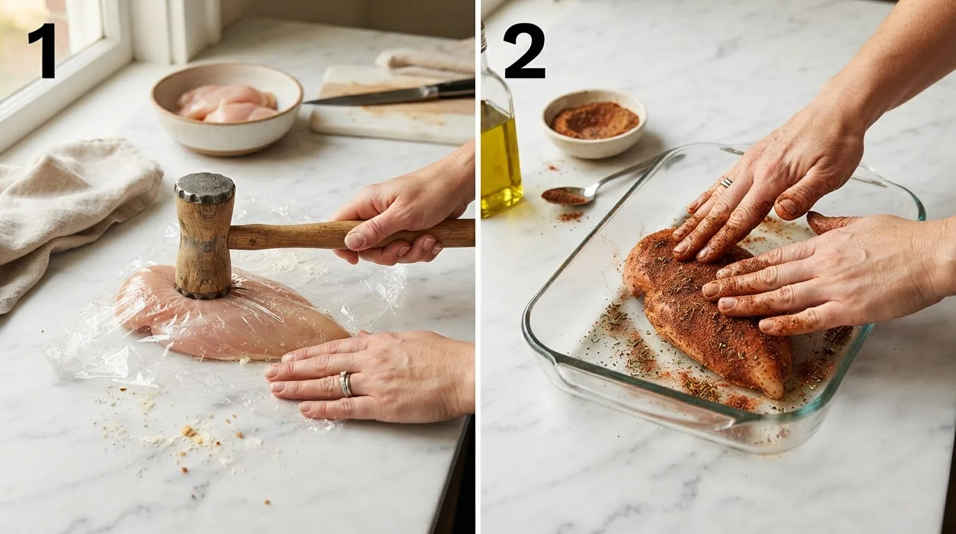 Pounding chicken breast to an even thickness under plastic wrap / Pressing blackening spice rub onto dried chicken breast