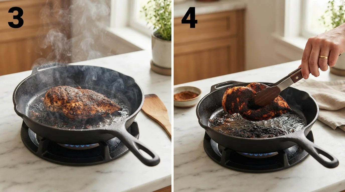 Chicken breast searing in a hot cast iron skillet / Flipping blackened chicken breast in skillet with tongs