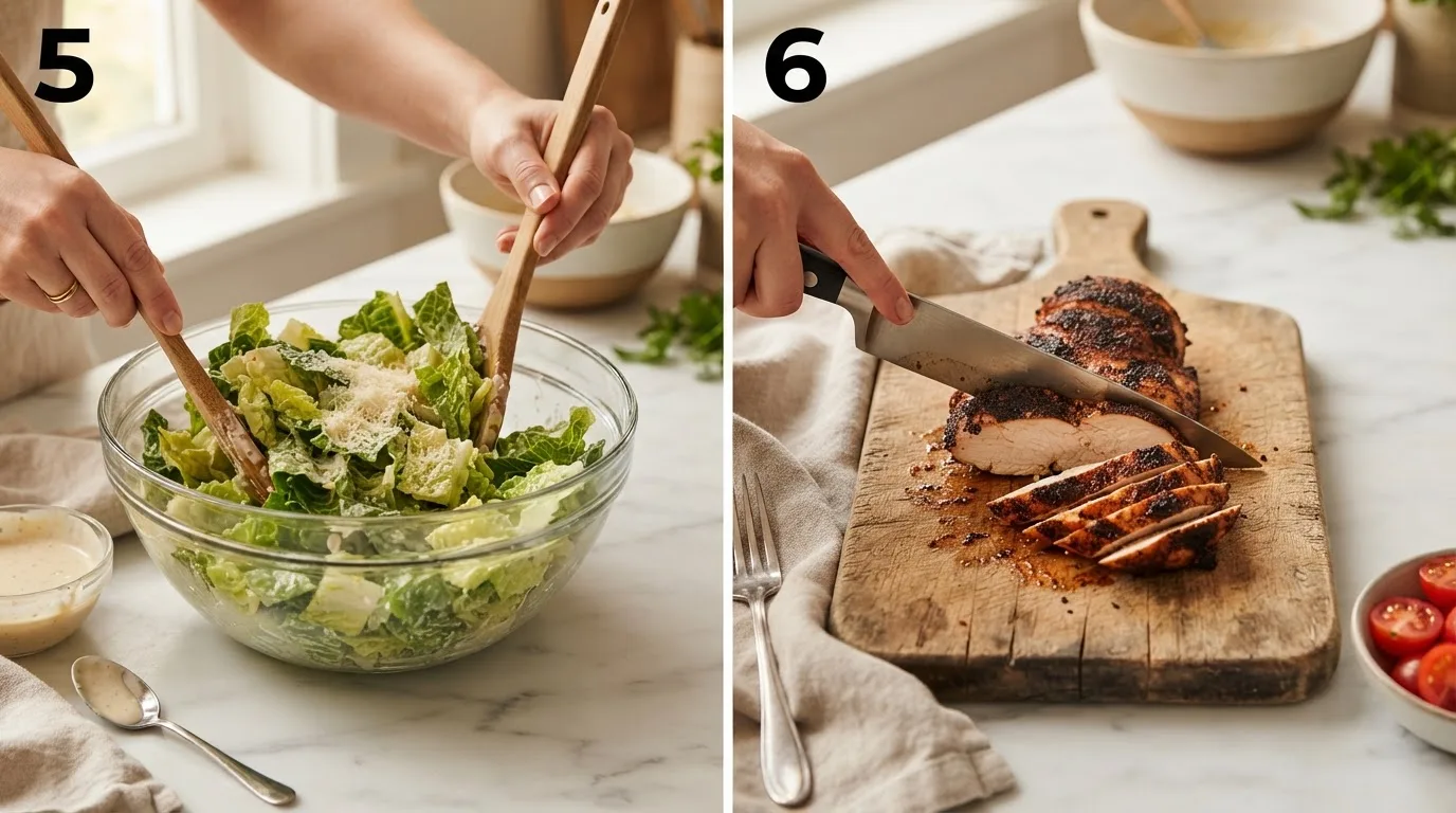 Tossing chopped romaine with homemade caesar dressing / Slicing rested blackened chicken breast into strips