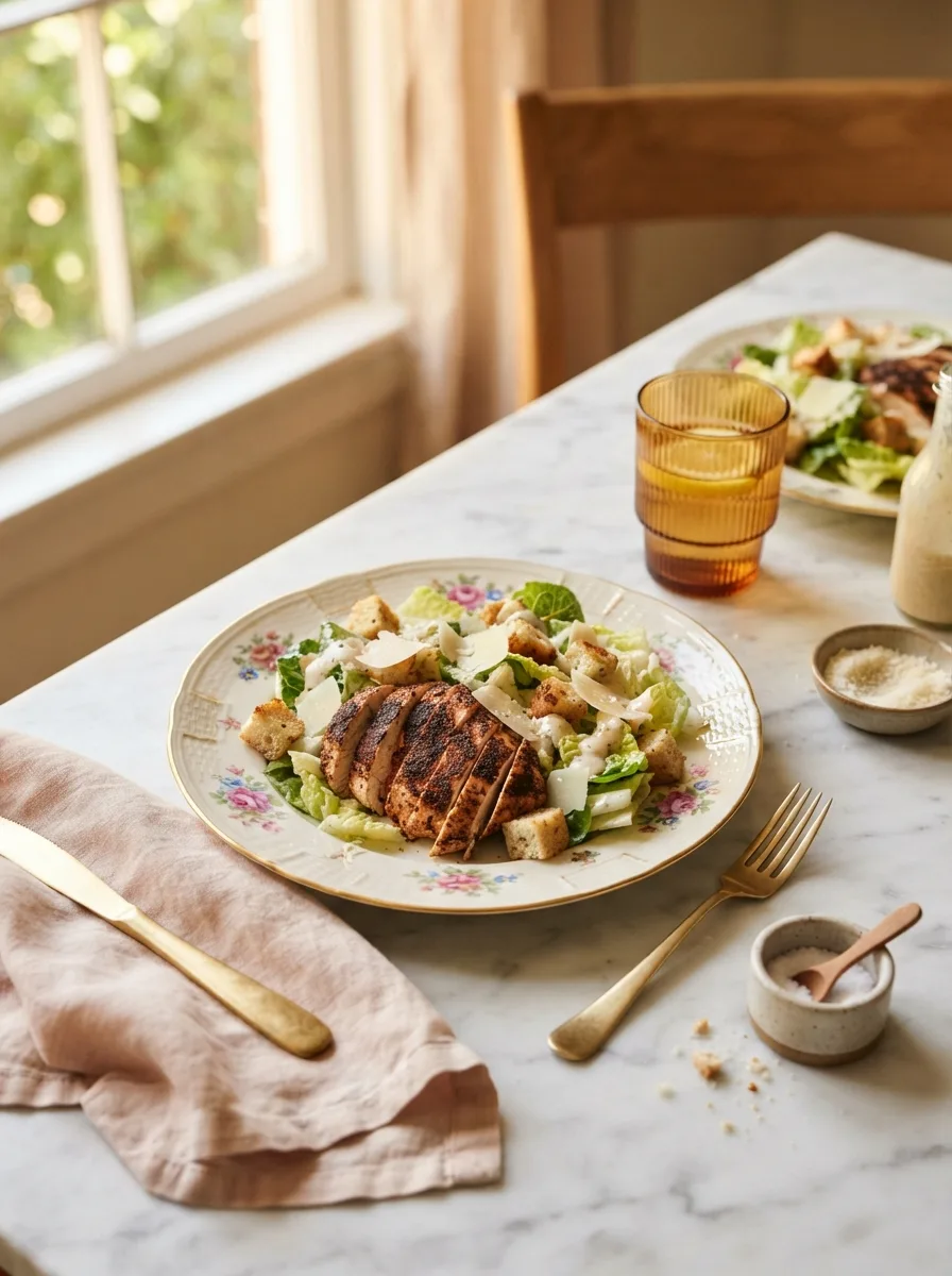 Blackened chicken caesar salad served at a table with linen napkin and gold flatware