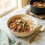 Bowl of blue runner red beans recipe served over rice with andouille and green onion
