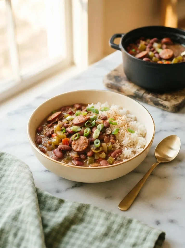 Bowl of blue runner red beans recipe served over rice with andouille and green onion
