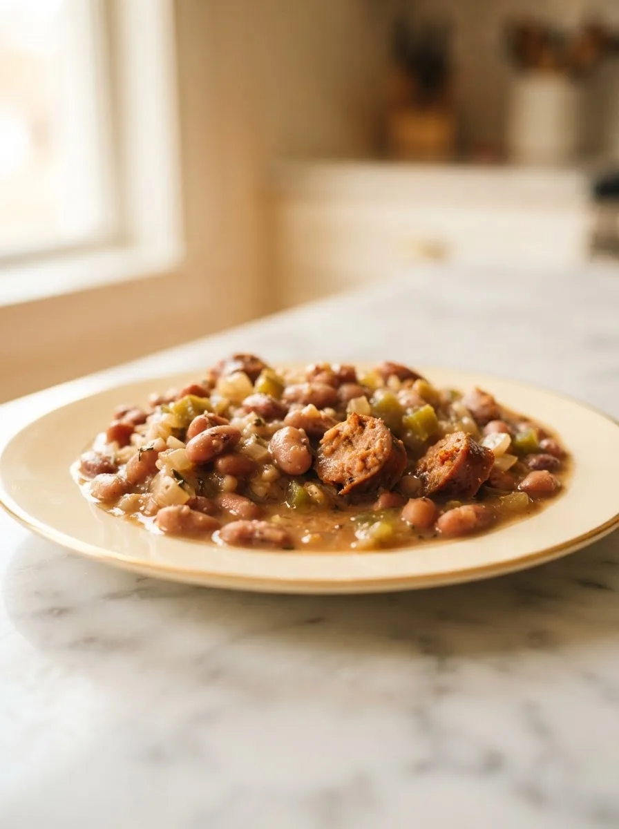 Close-up of thick, creamy blue runner red beans texture with andouille sausage