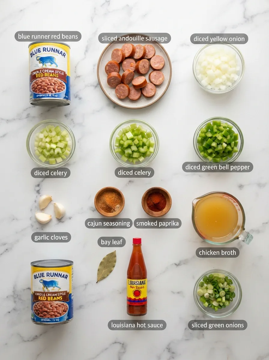 Ingredients for blue runner red beans recipe including andouille, trinity, and seasonings