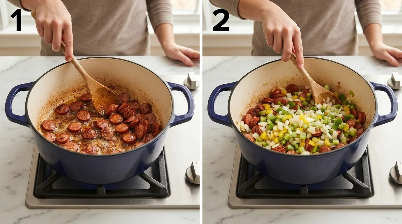 Browning andouille sausage in a Dutch oven for red beans / Adding diced onion, celery, and bell pepper to sausage fat