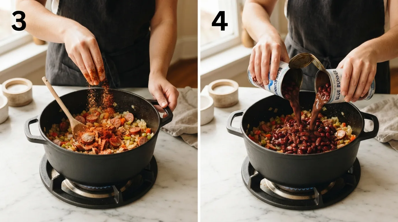 Adding Cajun seasoning and smoked paprika to sautéed trinity / Pouring canned red beans and broth into the pot