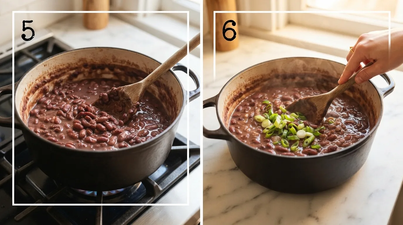 Mashing red beans against the pot to thicken the texture / Stirring sliced green onions into finished red beans