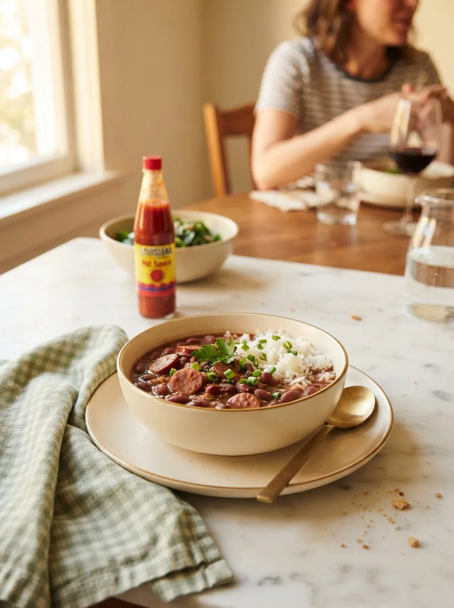 Weeknight dinner table with blue runner red beans and rice