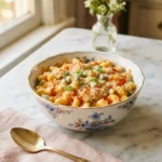 Bowl of buffalo mac and cheese buffalo wild wings copycat with panko topping and green onion
