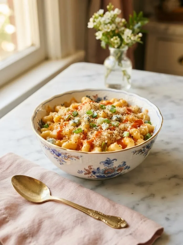 Bowl of buffalo mac and cheese buffalo wild wings copycat with panko topping and green onion