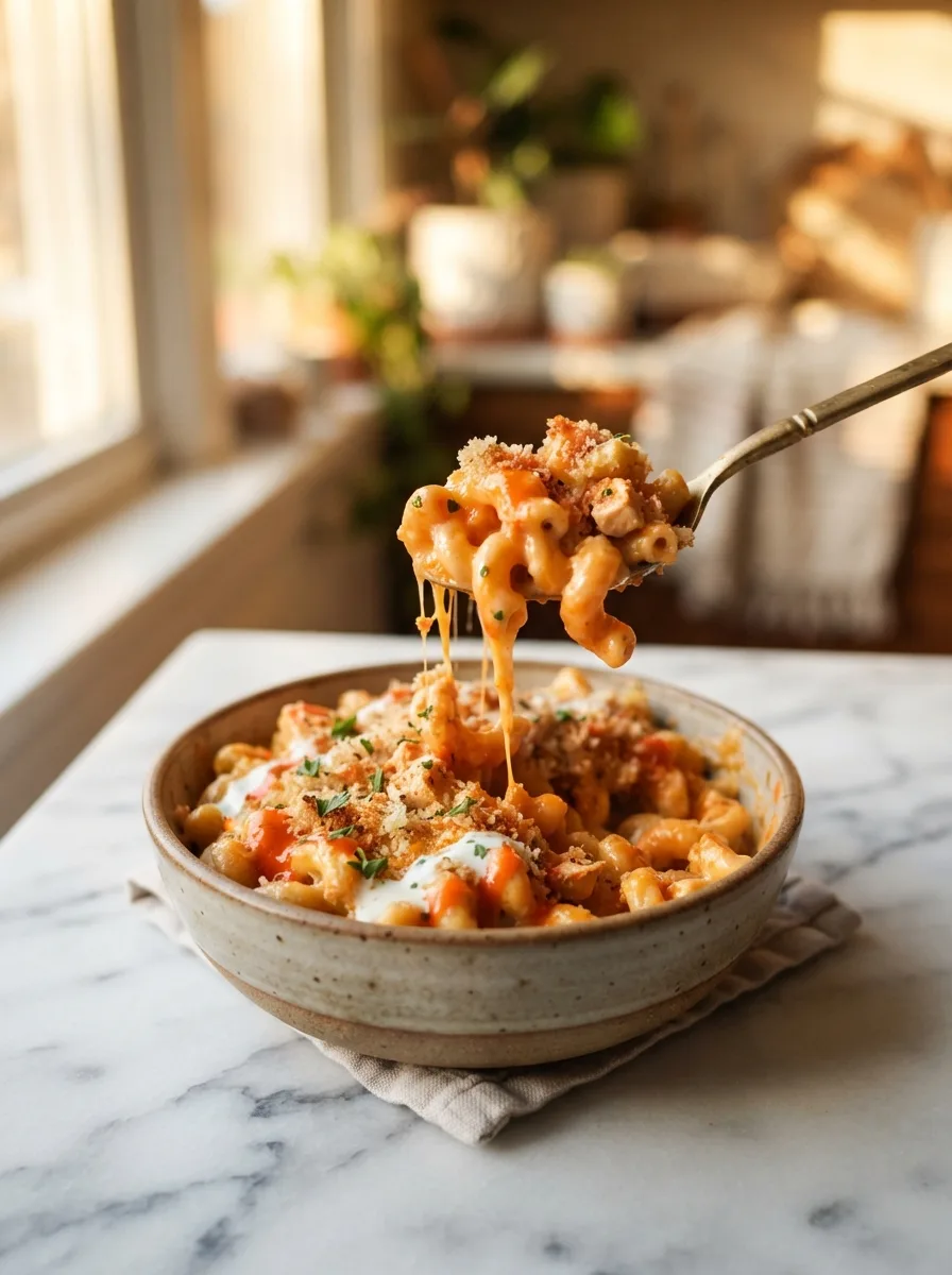 Spoon lifting cheesy buffalo mac and cheese noodles coated in orange sauce
