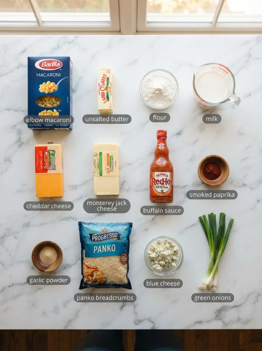 Ingredients for buffalo mac and cheese buffalo wild wings recipe on marble counter