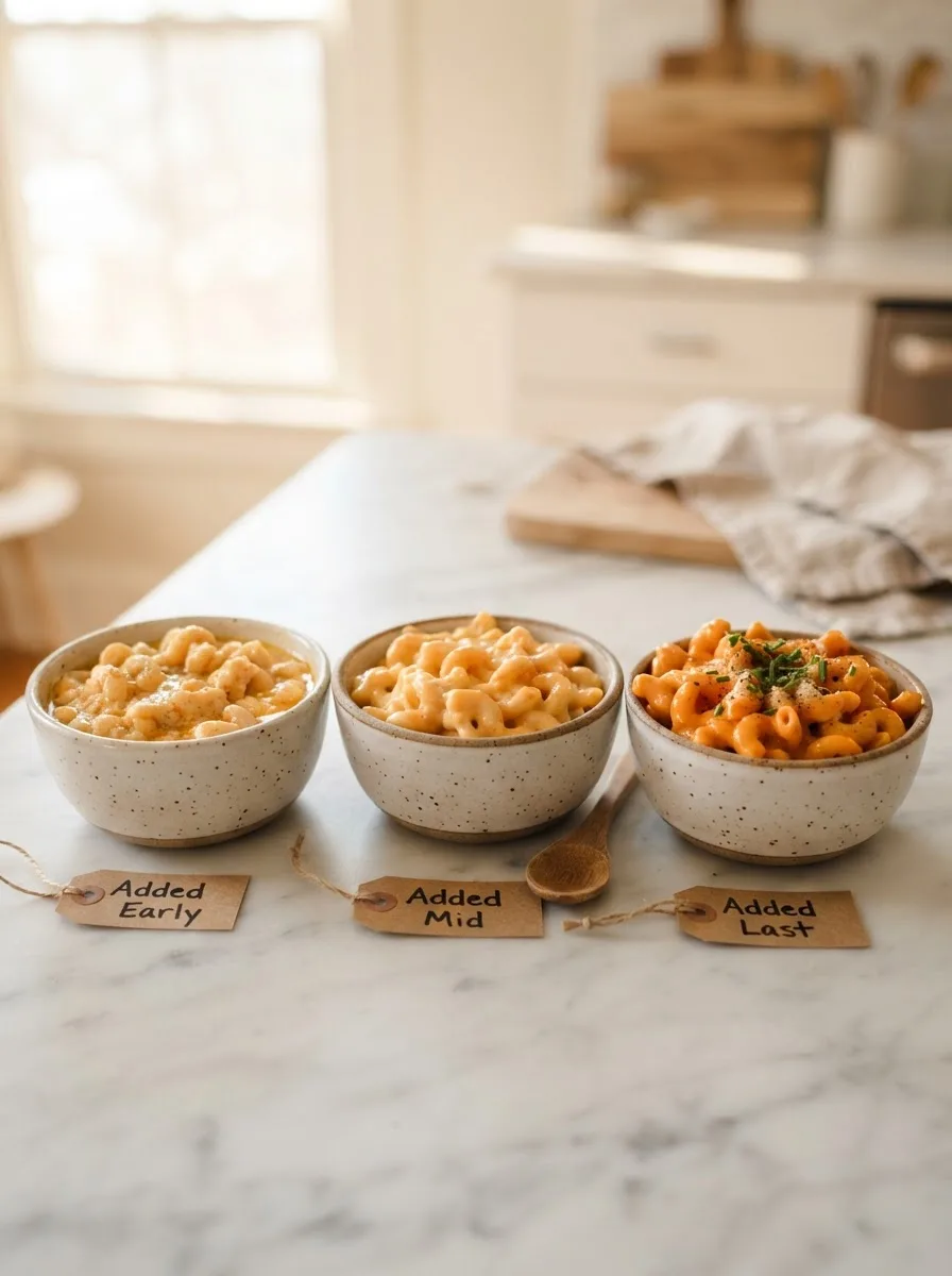 Three bowls comparing buffalo sauce added early, mid, and last in mac and cheese