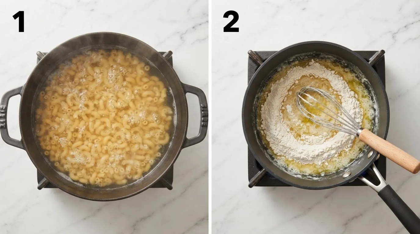 Elbow macaroni boiling in a large pot of salted water / Whisking butter and flour together to form a pale roux