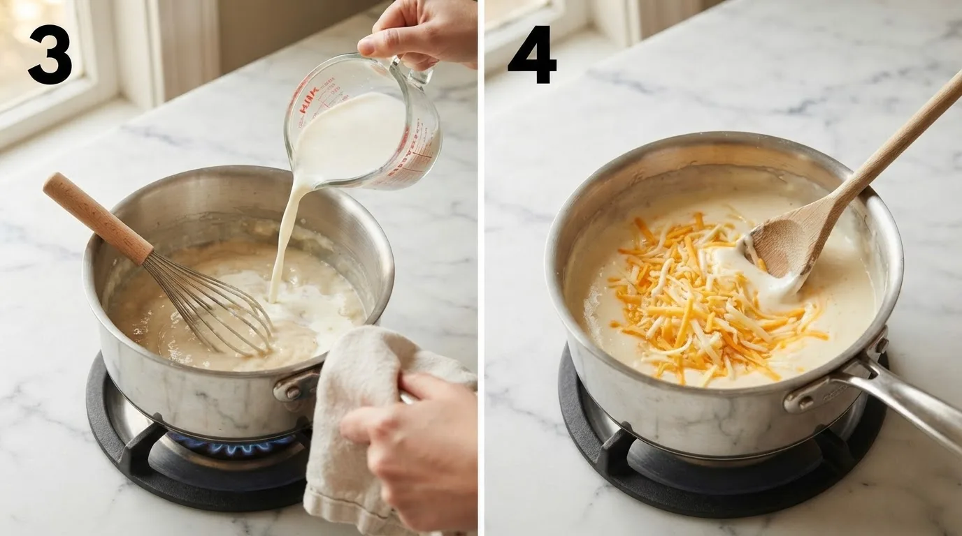 Pouring milk into a saucepan while whisking a butter and flour roux / Stirring shredded cheddar and Monterey Jack into thickened white sauce
