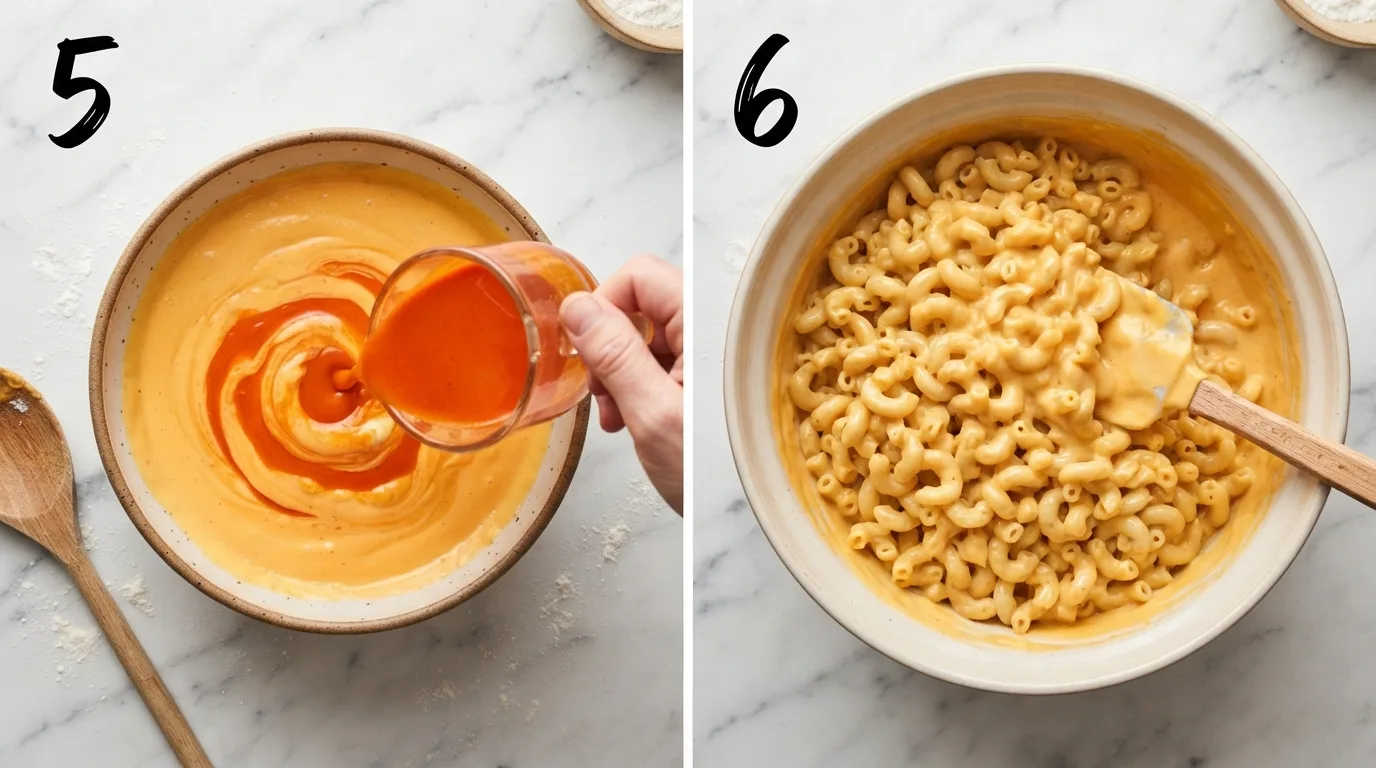 Pouring buffalo butter sauce into finished cheddar cheese sauce off heat / Folding cooked macaroni into orange buffalo cheese sauce with a spatula