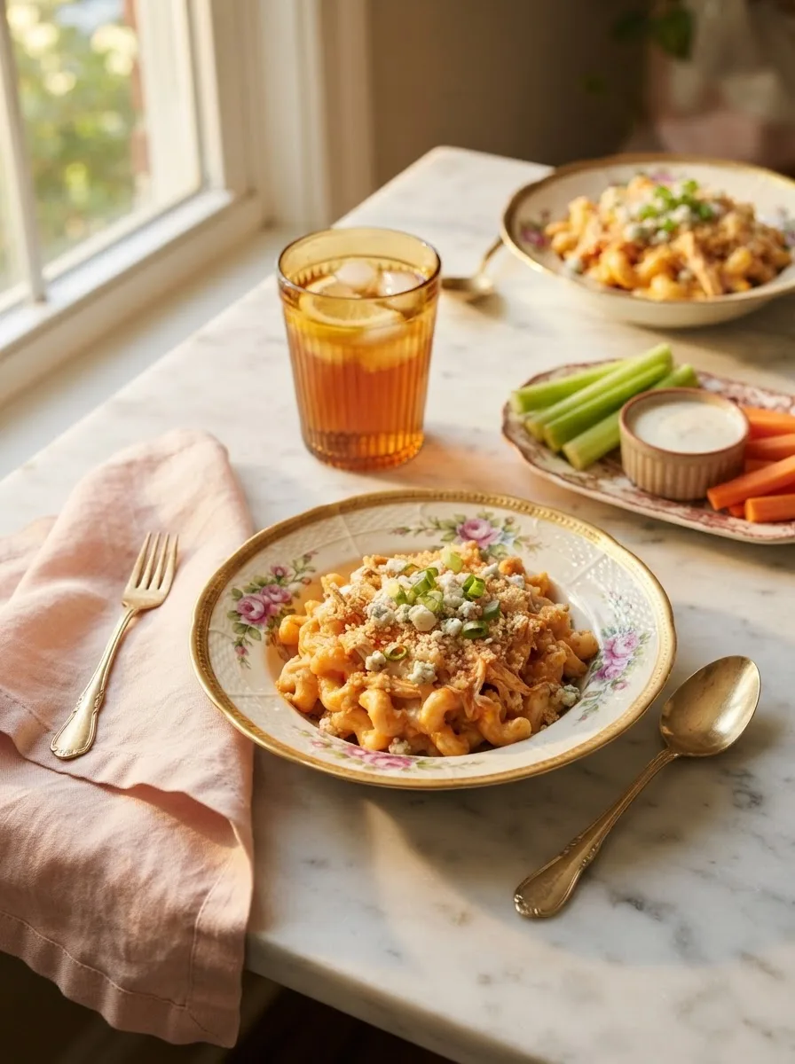 Table scene with buffalo mac and cheese, celery, carrots, and ranch dressing