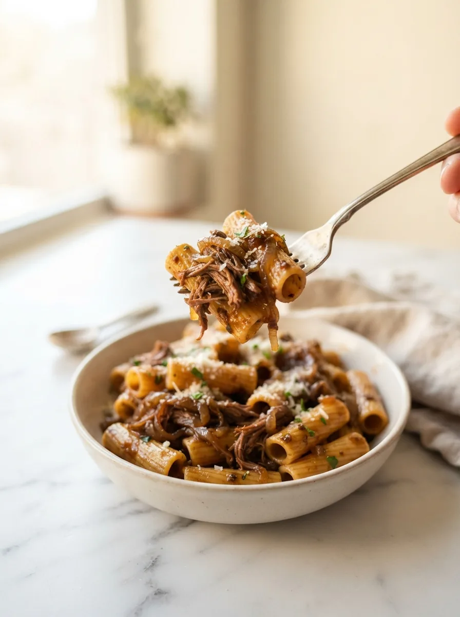 Forkful of shredded beef and caramelized onion sauce clinging to rigatoncini pasta