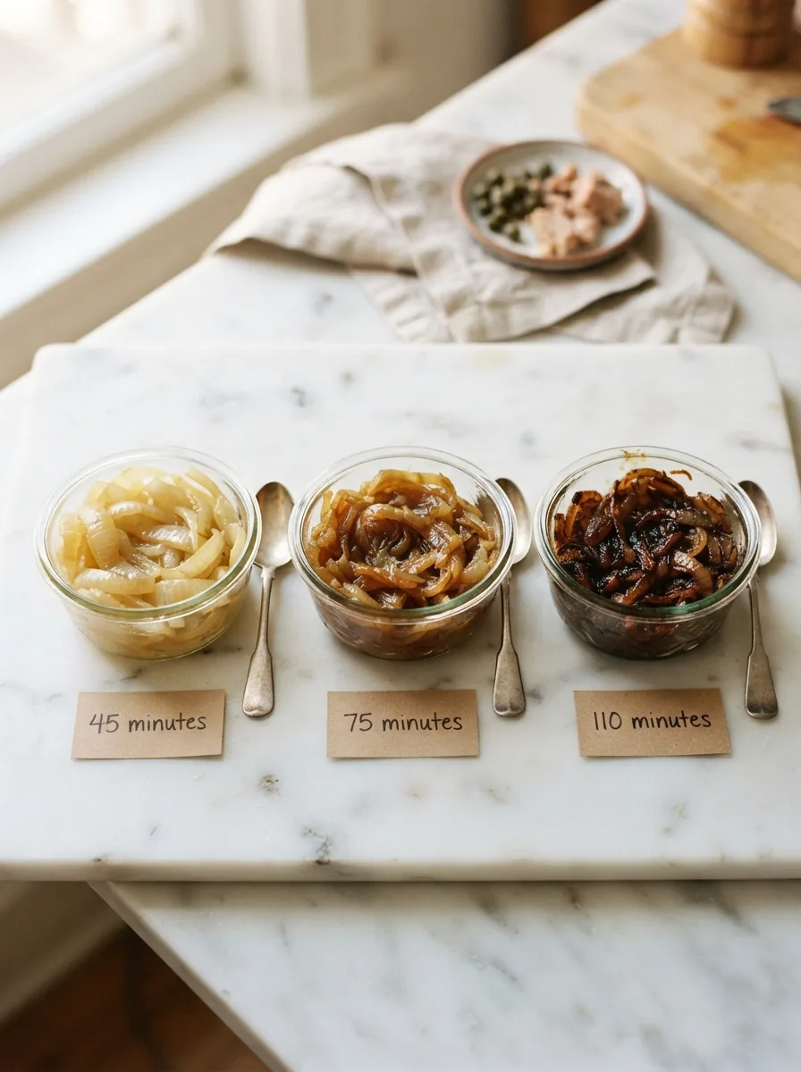 Comparison of caramelized onion stages at 45, 75, and 110 minutes for genovese sauce