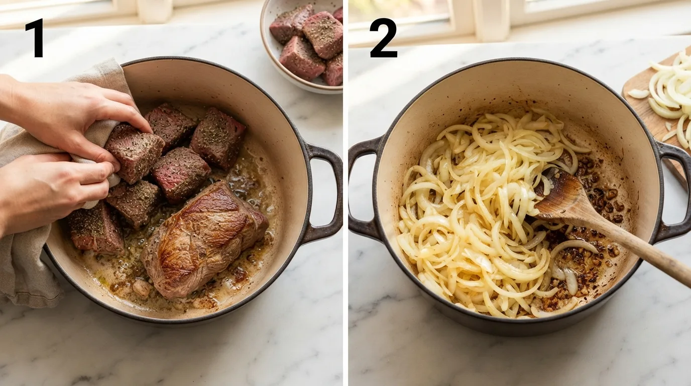 Searing seasoned beef chunks in a hot Dutch oven for genovese sauce / Stirring sliced yellow onions into beef fat and browned bits