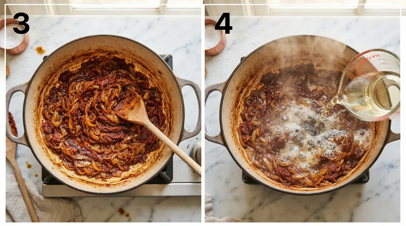 Stirring tomato paste into caramelized onions until darkened / Pouring white wine into the pot to deglaze browned bits