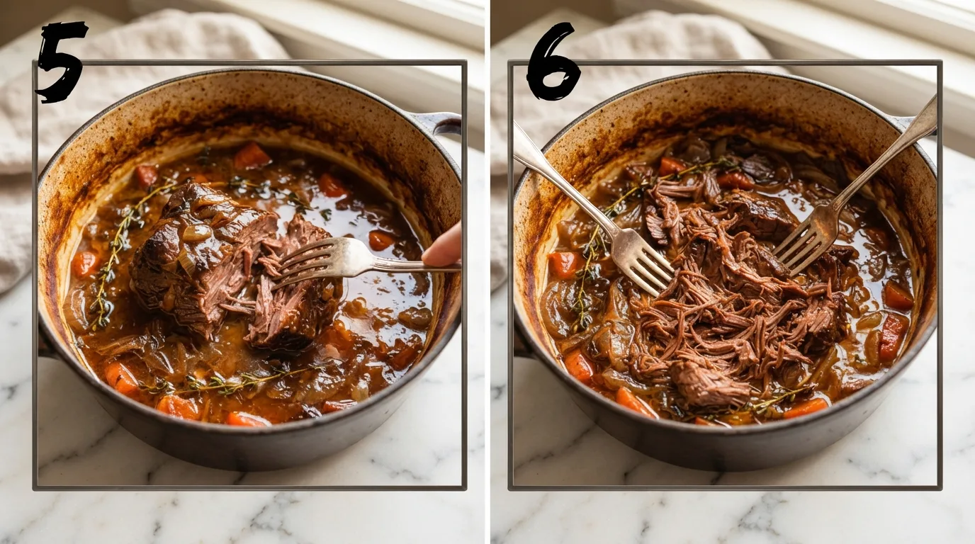 Fork easily shredding fall-apart braised beef in genovese sauce / Two forks shredding beef directly into the finished sauce
