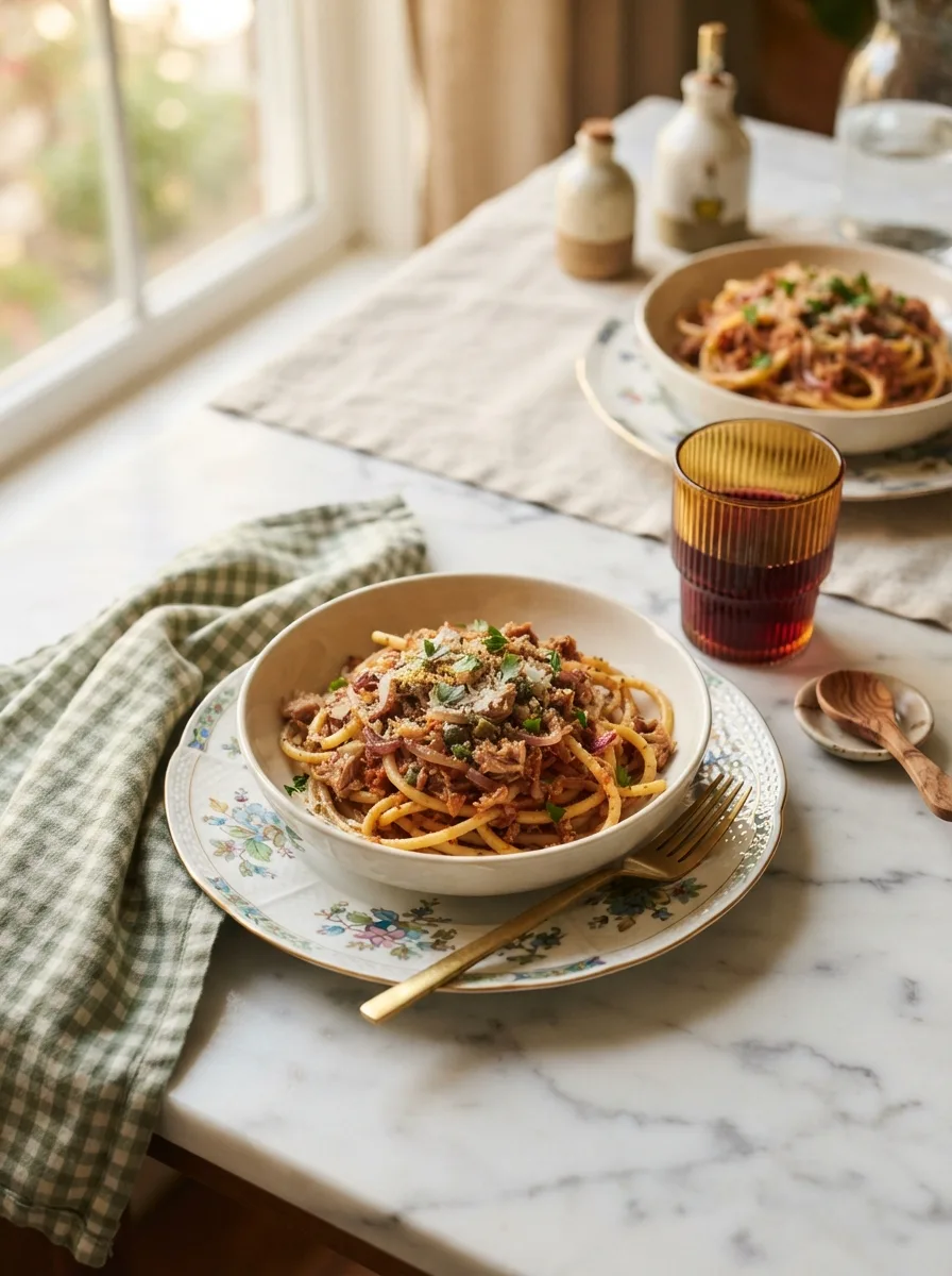 Buona beef tuna genovese served family-style with wine on a marble table