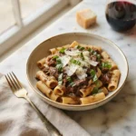 Buona beef tuna genovese recipe served over rigatoni with shaved parmesan and basil