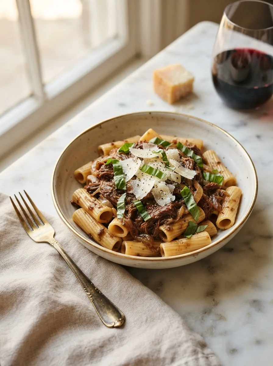 Buona beef tuna genovese recipe served over rigatoni with shaved parmesan and basil