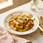 Bowl of buona beef tuna genovese recipe over rigatoni with golden melted onions and parsley