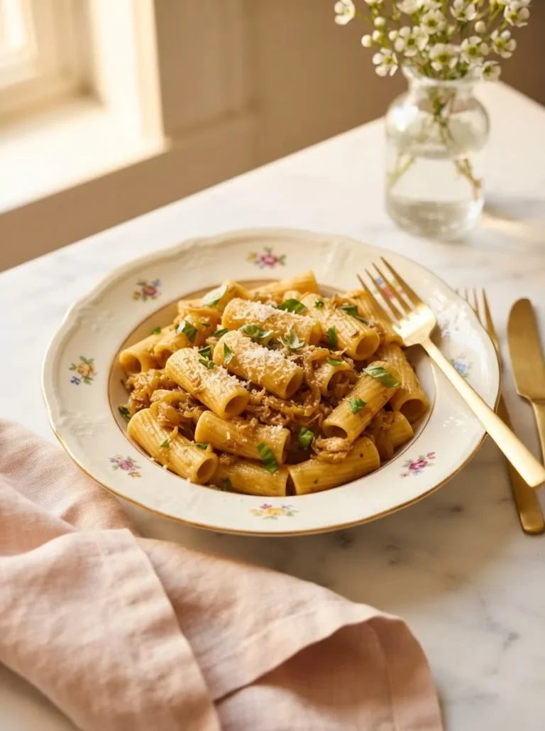 Bowl of buona beef tuna genovese recipe over rigatoni with golden melted onions and parsley
