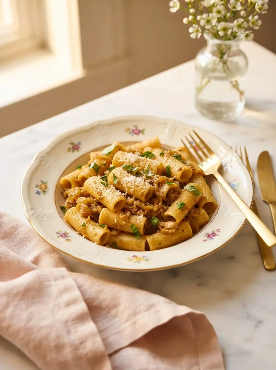 Bowl of buona beef tuna genovese recipe over rigatoni with golden melted onions and parsley