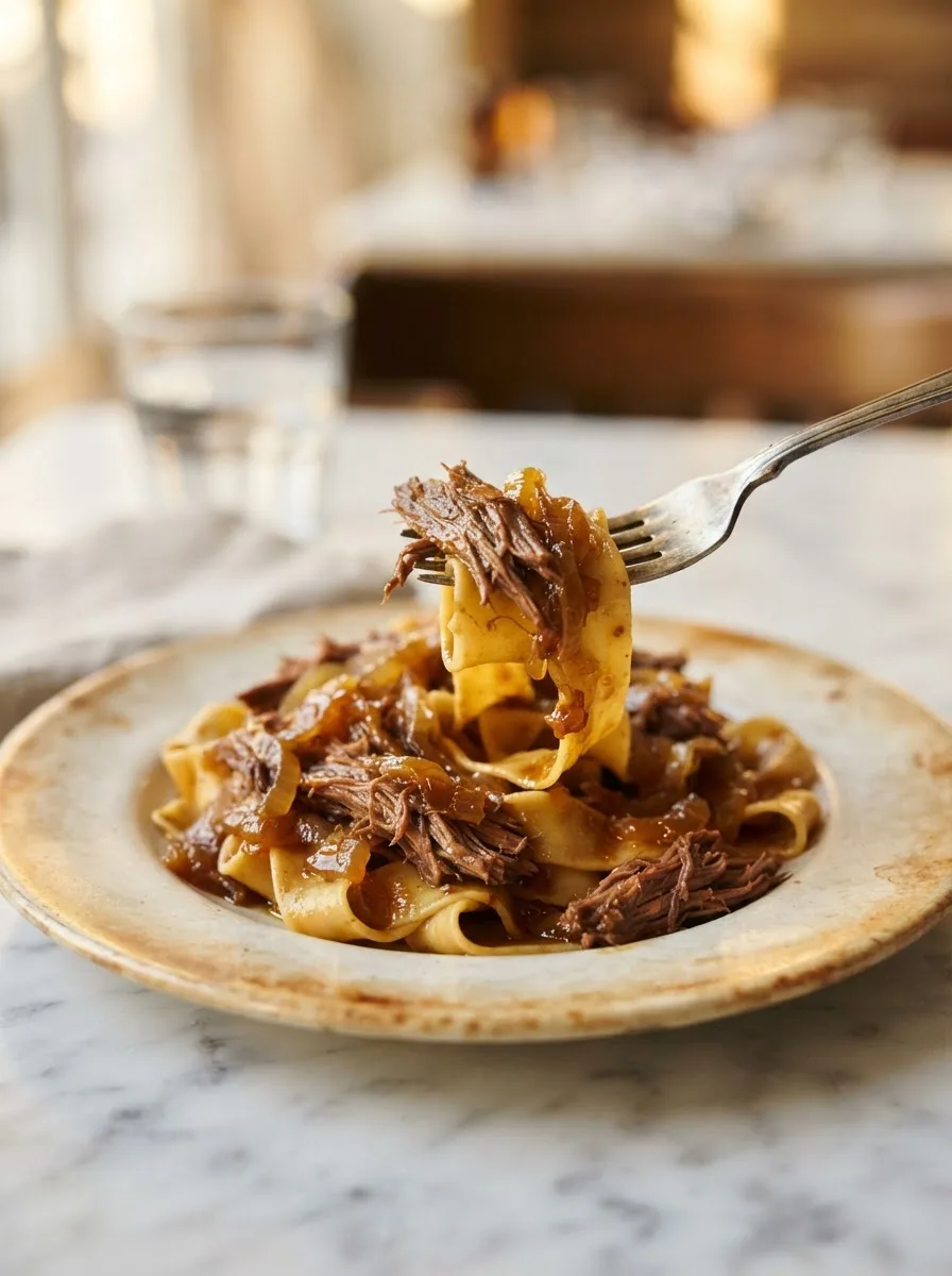 Close-up of melted onion sauce and shredded beef in a beef genovese pasta bite