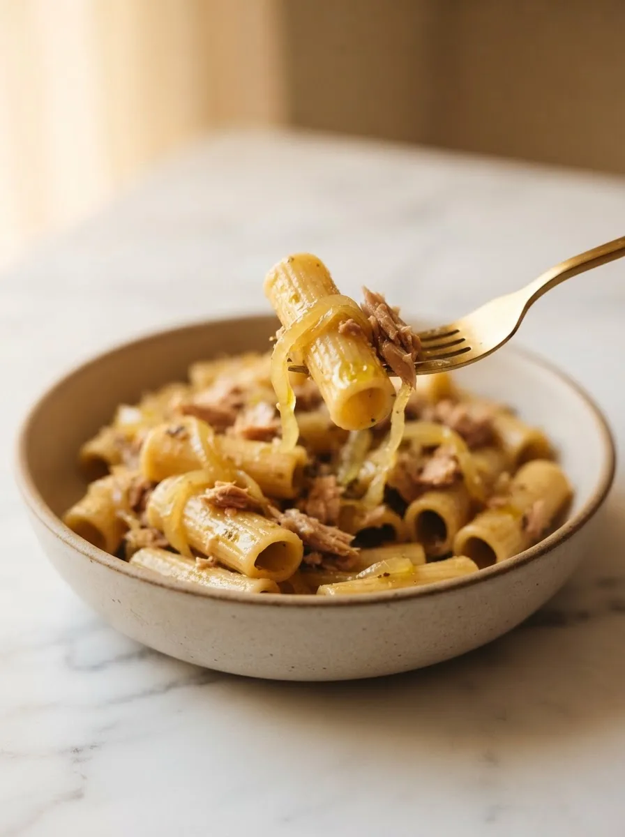 Close-up forkful showing melted onion and flaked tuna in genovese sauce