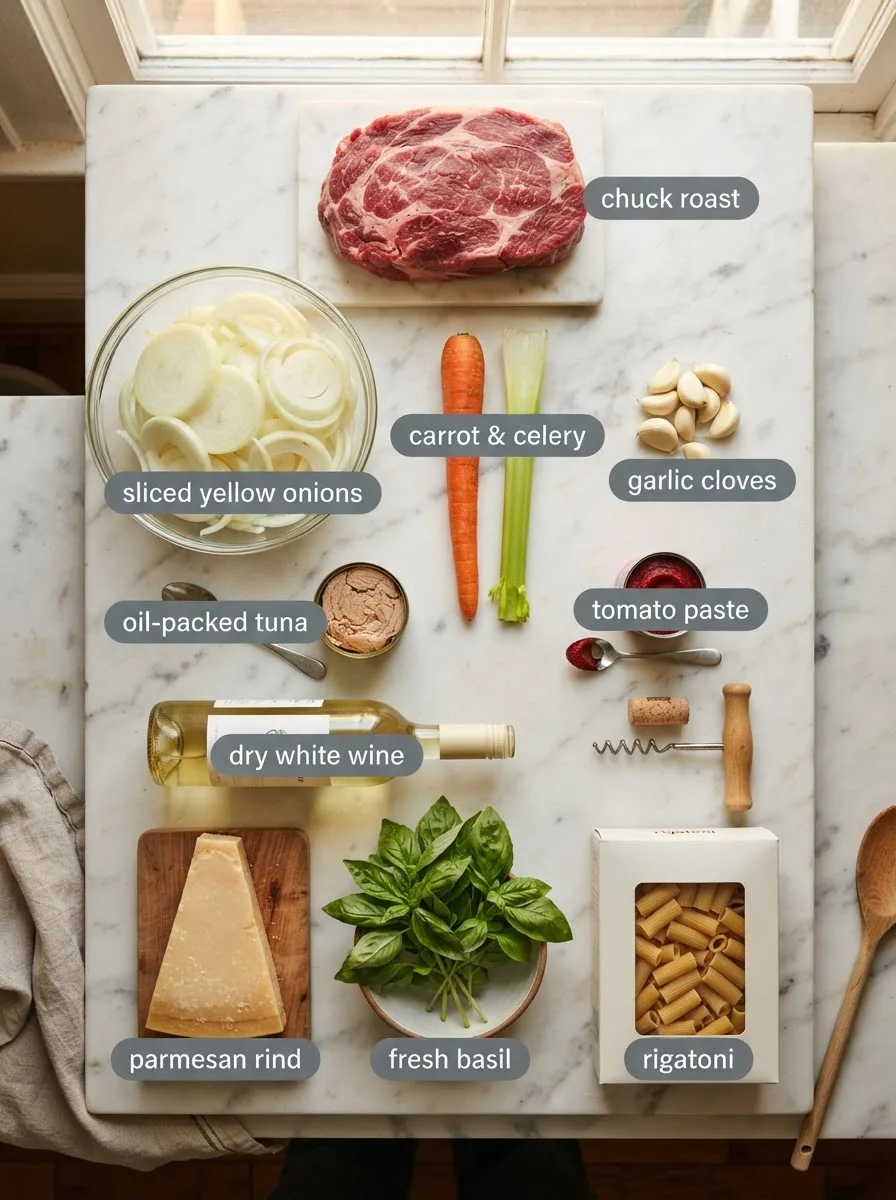 Ingredients for buona beef tuna genovese recipe including chuck roast, onions, and tuna