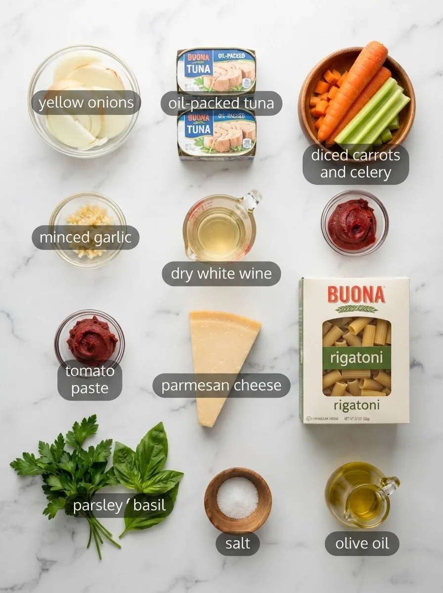 Ingredients for buona beef tuna genovese recipe including onions, tuna, and rigatoni