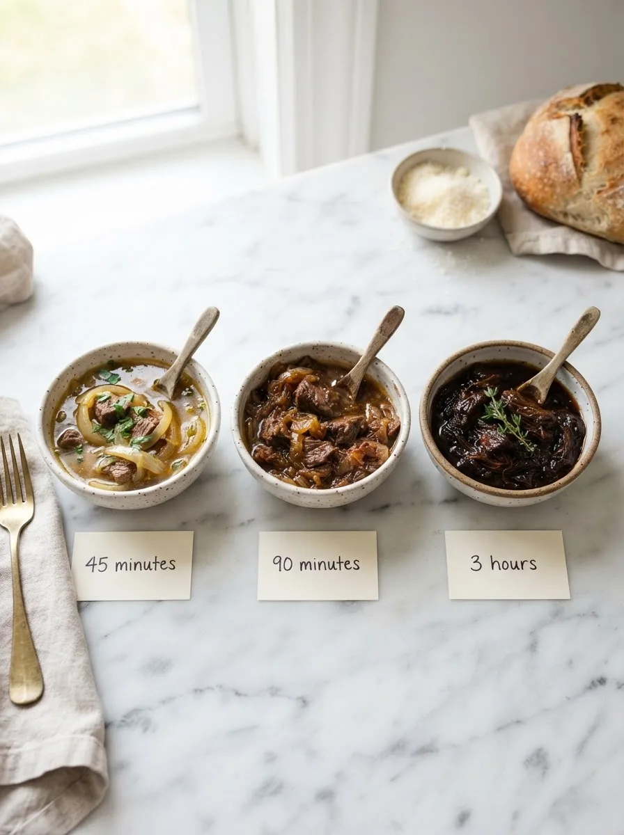 Onion breakdown comparison for beef genovese sauce at three cook times