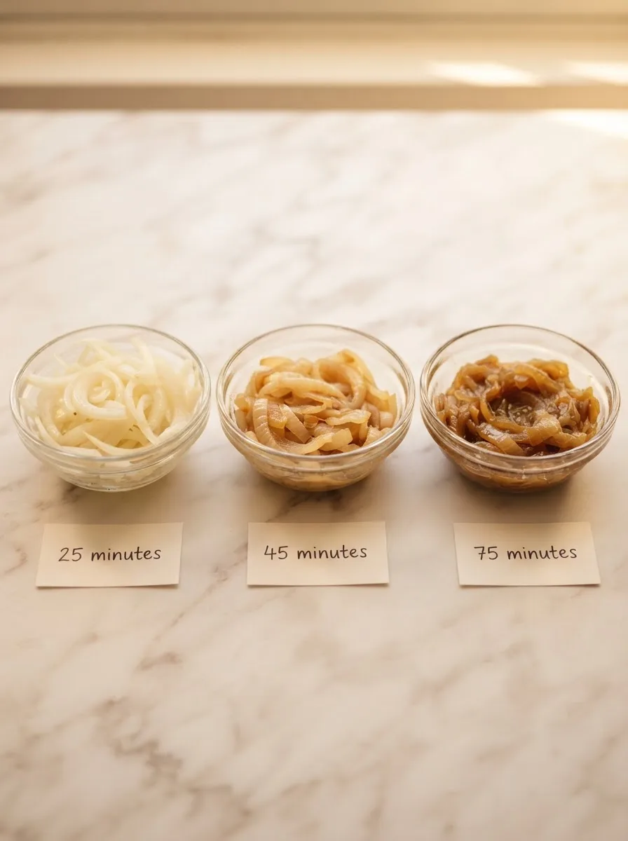Onion texture comparison for genovese sauce at 25, 45, and 75 minutes of cooking