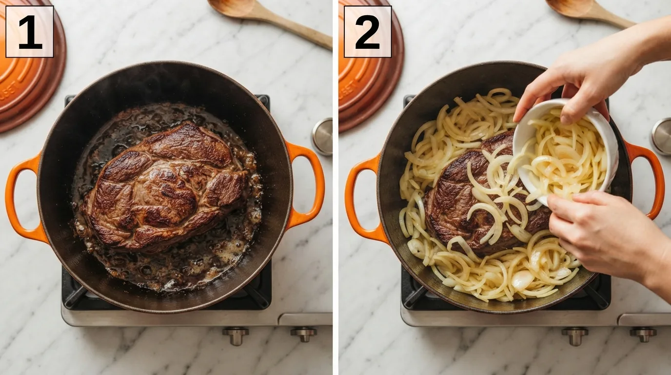 Searing chuck roast in a Dutch oven for beef genovese sauce / Adding sliced yellow onions around seared beef in a Dutch oven