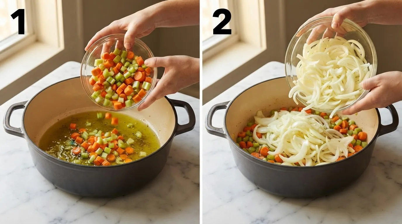 Sautéing diced carrots and celery in olive oil for genovese soffritto / Adding sliced yellow onions to the pot for tuna genovese sauce