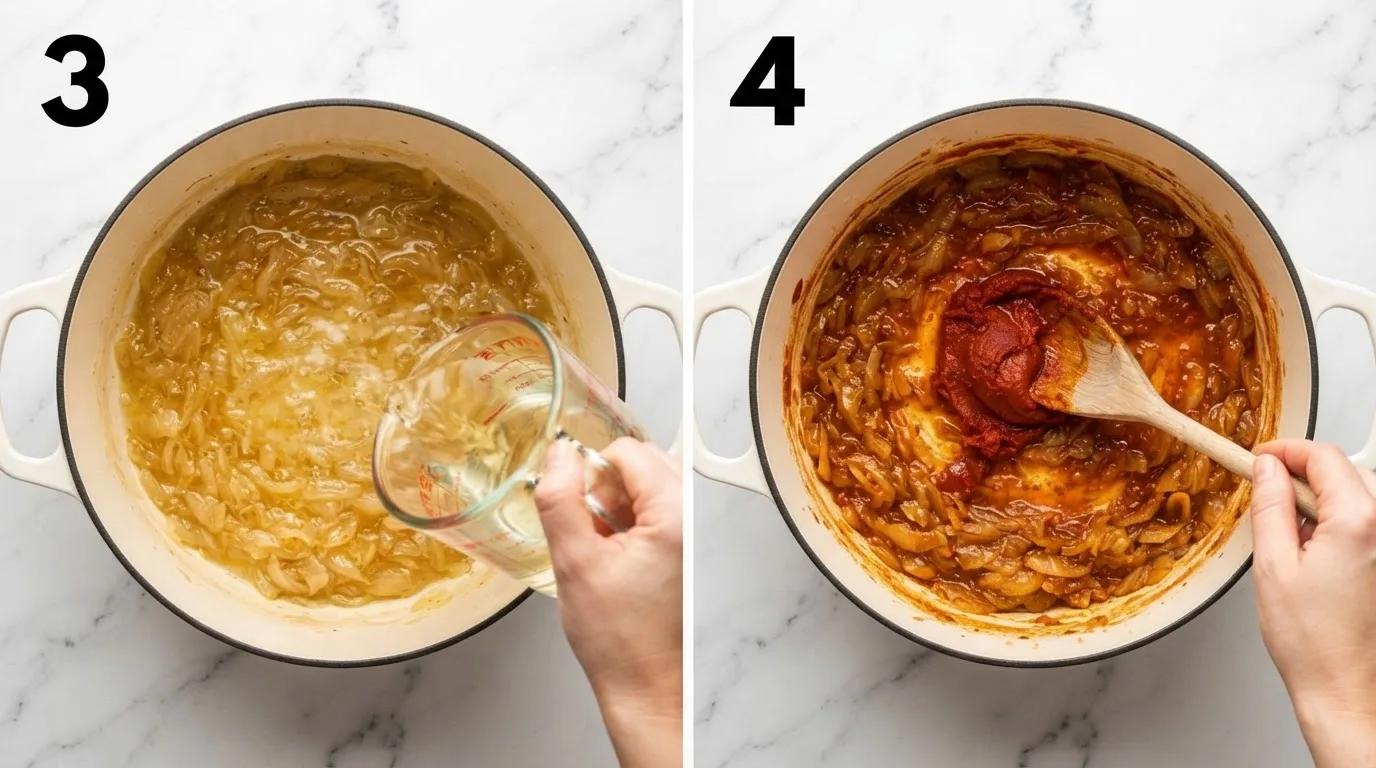 Pouring white wine into melted onions to deglaze genovese sauce / Stirring tomato paste into onion sauce until deepened in color