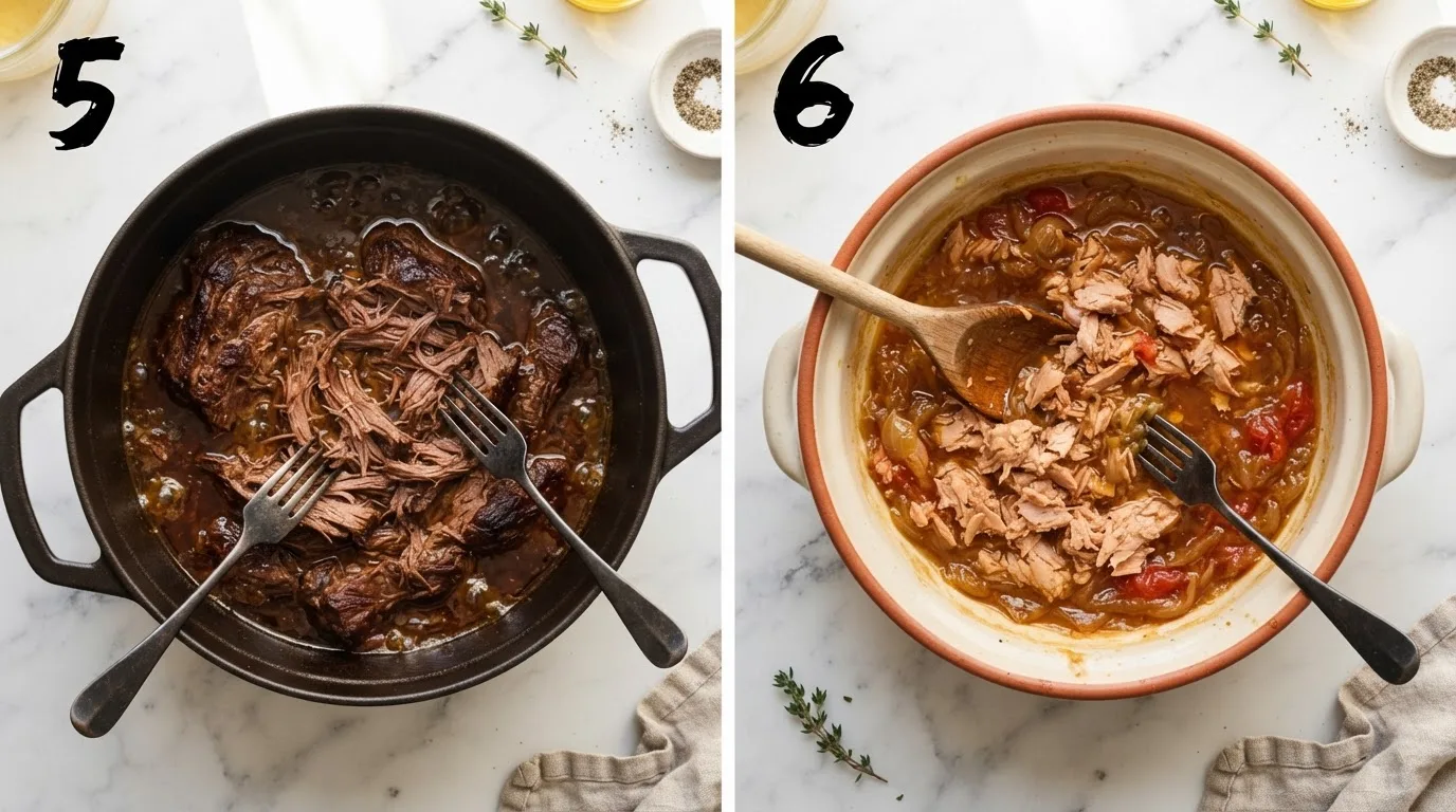 Shredding braised beef with two forks in onion sauce / Stirring flaked tuna into melted onion sauce for genovese