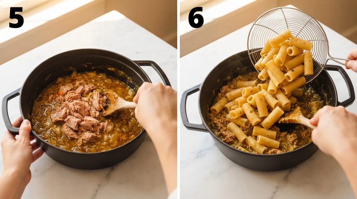 Folding flaked tuna into finished onion genovese sauce / Tossing cooked rigatoni into tuna genovese sauce in the pot