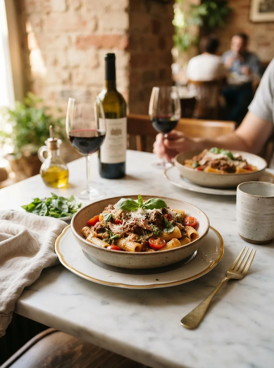Table scene with beef genovese pasta, wine, and basil in warm natural light