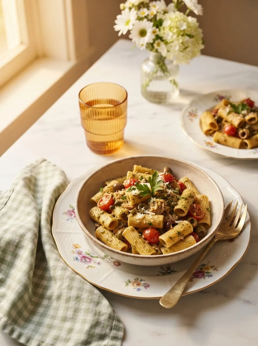 Table scene with a platter of buona beef tuna genovese and rigatoni