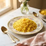 Golden cava saffron basmati rice plated on a floral gold-rim dish with visible saffron threads