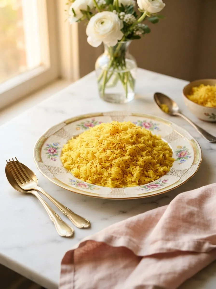 Golden cava saffron basmati rice plated on a floral gold-rim dish with visible saffron threads