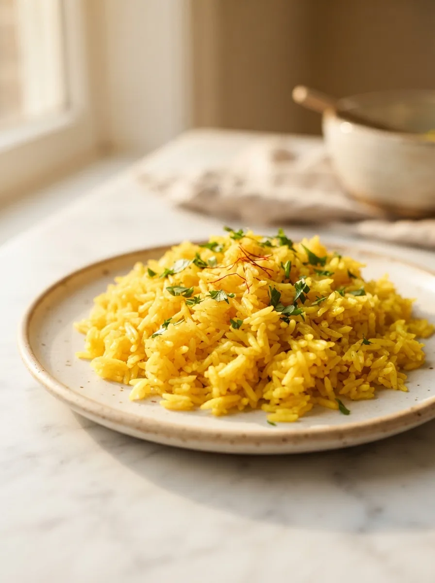 Close-up of fluffy saffron rice cava-style grains showing even golden color and saffron threads