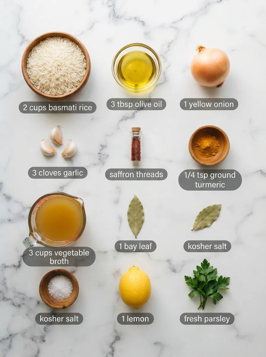 Ingredients for cava rice recipe measured into bowls: basmati rice, saffron, turmeric, olive oil, broth