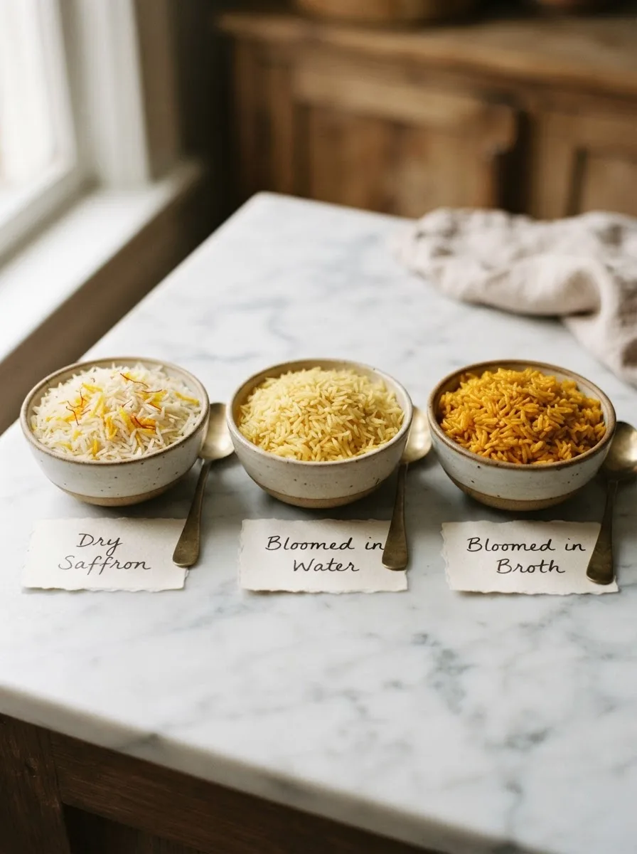 Side-by-side comparison of saffron rice cava-style showing dry saffron versus bloomed saffron color results
